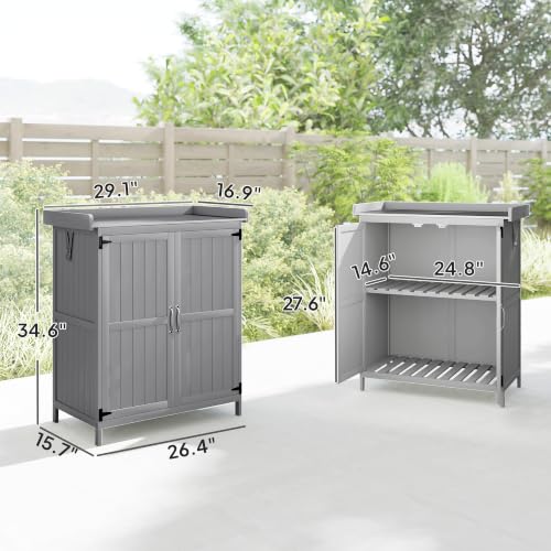 Outsunny Outdoor Storage Cabinet with Metal Tabletop Shelf Gray