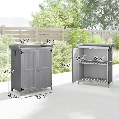 Outsunny Outdoor Storage Cabinet with Metal Tabletop Shelf Gray