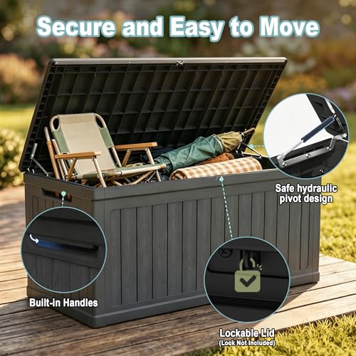 260 Gal Deck Box, Waterproof Outdoor Resin Storage Box,Lockable Storage Bin