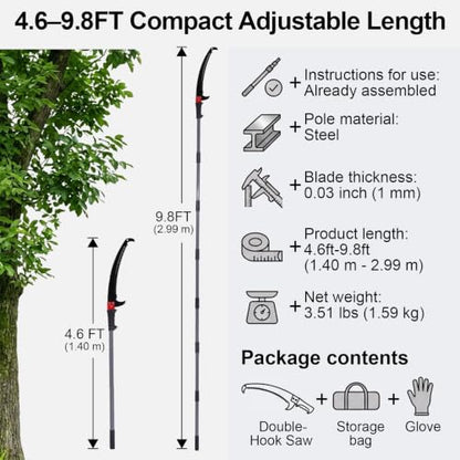 LEVELEVE Manual Pole Saw,4.6-9.8 ft Extendable Tree Pruner, Sturdy 6 Section Steel Pole,High Carbon Steel Double-Hook Blade,Branch Trimmer for Low & Medium Branches, Shrubs, Garden, Patio and Yard Use