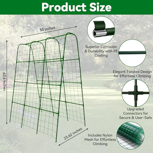 Cucumber Trellis for Raised Bed with Plastic Coated Steel Pipe-63"*50",Grn - size: 51L*23.6W*62.4H inch