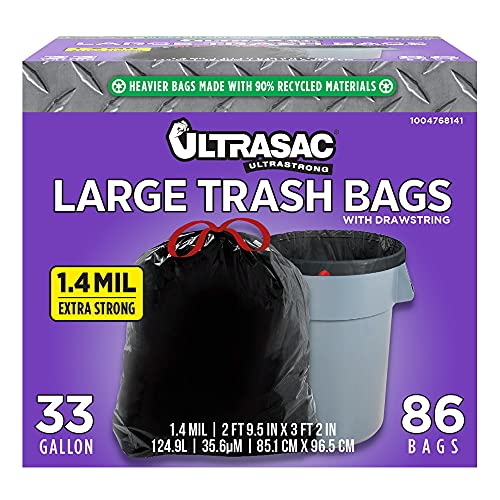Ultrasac Black Heavy Duty Drawstring Trash Bags 33 Gallon, Pack of 86 - size: 1 Count (Pack of 86), style: 33 Gal, 1.4 Mil, 86 Count