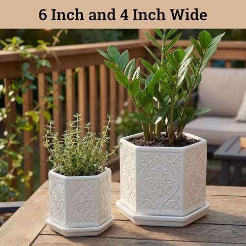 Ceramic Pots for Plants Set of 2, 6-Inch & 4-Inch Wide w/ Drainage & Saucer