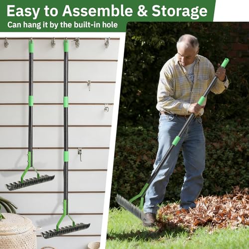 Thatch Rake, 13" Wide Efficient Dethatcher Rake with 70" Adjustable Long Handle, Heavy Duty Steel Metal Dethatching Rakes for Cleaning Dead Grass, Loosening Soil, Lawn Care in Yard Garden - size: 70"