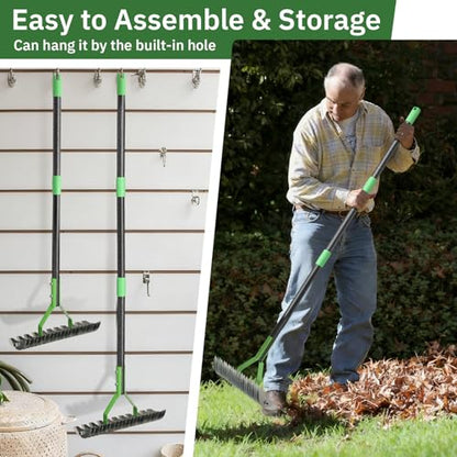 Thatch Rake, 13" Wide Efficient Dethatcher Rake with 70" Adjustable Long Handle, Heavy Duty Steel Metal Dethatching Rakes for Cleaning Dead Grass, Loosening Soil, Lawn Care in Yard Garden - size: 70"