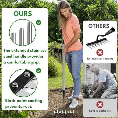 Iron Weeding Rake with Long Handle, 8-Tine Heavy Duty Garden Tool for Lawn - color: Silver