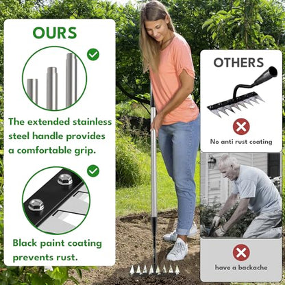Iron Weeding Rake with Long Handle, 8-Tine Heavy Duty Garden Tool for Lawn - color: Silver