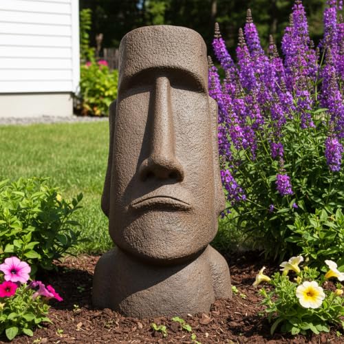 Moai Statue 35 Inch Easter Island Tiki Head Sculpture, Realistic Concrete Tiki Statue for Garden, Patio, Tiki Bar, Outdoor Polynesian Yard Art, 37 lbs Heavy Garden Decor - color: Sad Moai, size: 35"H
