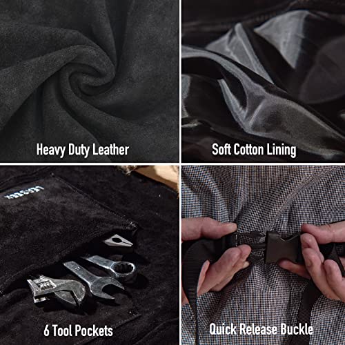 LeaSeek Leather Welding Apron, Heat & Flame-Resistant, 6 Pockets - color: Black - 24"x 36"