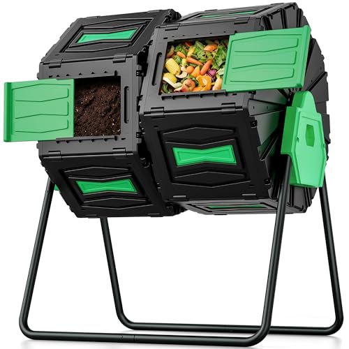 Composter Tumbler Outdoor, 45Gal Dual Chamber Batch Rotating Compost Tumbler, Easy Assembly/UV Resistant/BPA-Free/HOA Friendly Compost Bin Outdoor for Kitchen Food Scraps Garden Yard Waste - color: Green
