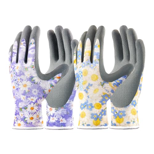 COOLJOB 2 Pairs Gardening Gloves for Women, Breathable Rubber Coated, L - color: Floral, size: Large (Pack of 2)