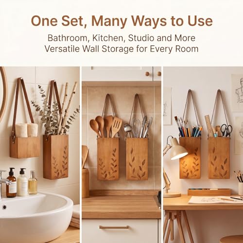 Bamboo Wall Planters with Durable Leather Handle for Indoor Plants