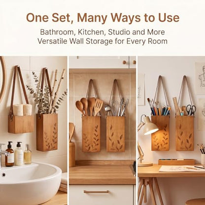 Bamboo Wall Planters with Durable Leather Handle for Indoor Plants