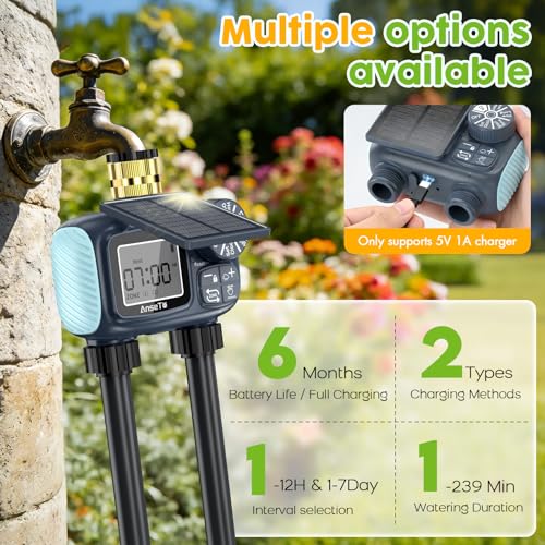 Solar Sprinkler Timer,2 Zone Brass Inlet Water Timer for Garden Hose