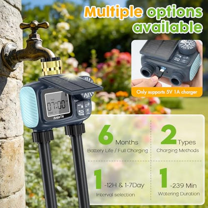 Solar Sprinkler Timer,2 Zone Brass Inlet Water Timer for Garden Hose