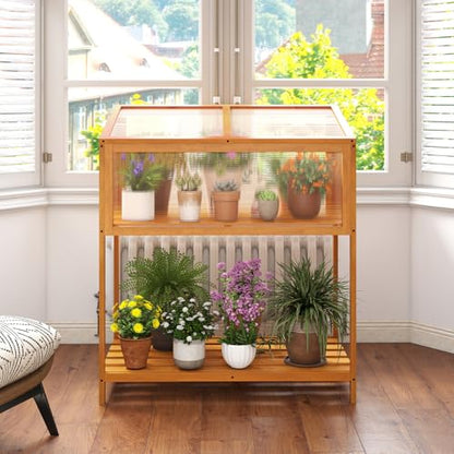Giantex Wood Cold Frame Greenhouse, Raised Flower Planter Protection with Transparent Openable Roof & Slatted Shelf, Indoor Outdoor Hot House for Garden Balcony, 36”x20”x42” - size: 36”x20”x42”