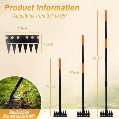 6-Tine Dual-Blade Weed Rake , 35-65" Ergonomic No-Bend Iron Weeding Rake