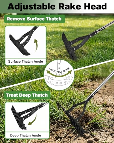 Saker Thatch Rake for Lawn Dethatching with 71" Adjustable Long Handle