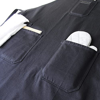 Black Kitchen Apron for Cooking, with Pockets & Towel Loop - color: Black Cotton