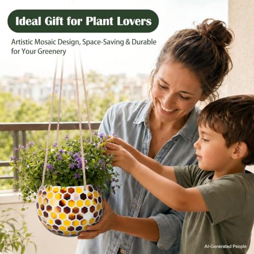 Ceramic Hanging Planter, Yellow Mosaic Bee Style Flower Plant Pot - color: Yellow