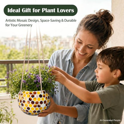 Ceramic Hanging Planter, Yellow Mosaic Bee Style Flower Plant Pot - color: Yellow