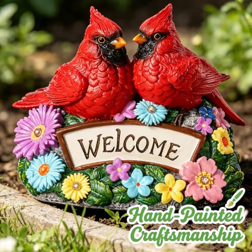 Solar Garden Statues 5.3" Couple Red Cardinal Figurines with Welcome Sign - style: Cardinal