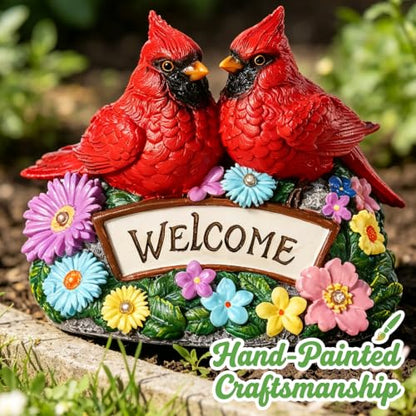 Solar Garden Statues 5.3" Couple Red Cardinal Figurines with Welcome Sign - style: Cardinal