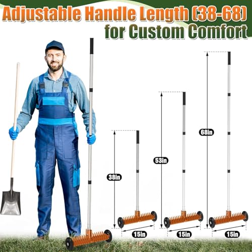 Thatch Rake, 15-Inch Dethatcher Rake for Lawn with Rolls Adjustable 0-15°