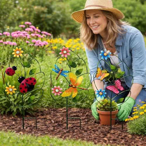3 Pack Metal Garden Stakes, Butterfly Dragonfly Ladybug Outdoor Decor