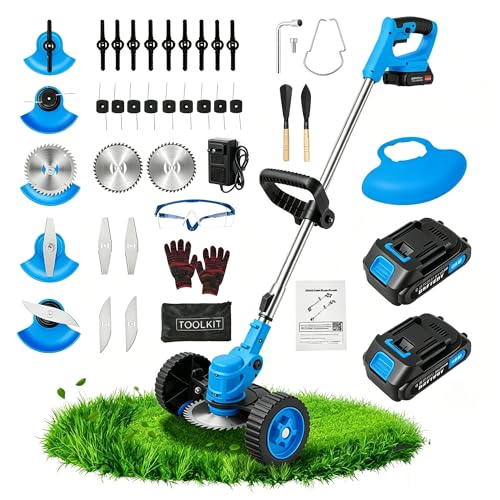 ALSO GO 24V Cordless Weed Wacker Lawn Edger, Electric Lightweight Battery Powered String Trimmer, 3-in-1 Brush Cutter Wire Brush & Guide Wheel for Garden Edging (2 Batteries, 2.0Ah, Blue) - color: Blue