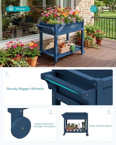 SERWALL Raised Garden Bed on Wheels with Storage Shelf,Navy - color: Navy, size: 1 Pack