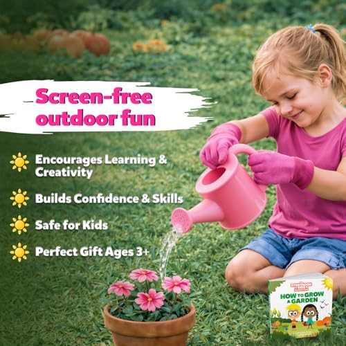 Pink Kids Gardening Tools - Includes Sturdy Tote Bag, Watering Can, Gloves, Shovels, Garden Stakes, and a Delightful Children's Book How to Garden Tale - Kids Garden Tool Set for Toddler Age on up. - color: Pink