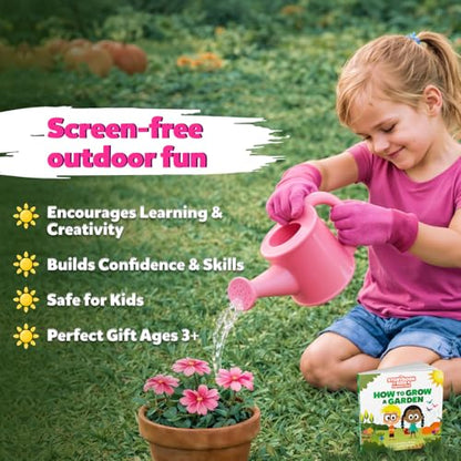 Pink Kids Gardening Tools - Includes Sturdy Tote Bag, Watering Can, Gloves, Shovels, Garden Stakes, and a Delightful Children's Book How to Garden Tale - Kids Garden Tool Set for Toddler Age on up. - color: Pink
