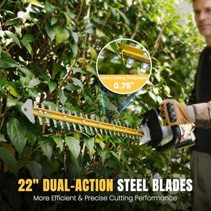 Hedge Trimmer Cordless 22" - 2 x 21V Batteries & Fast Charger, Easy to Use - color: Yellow