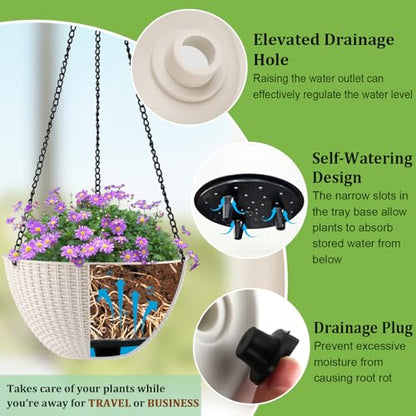 Hanging Planters 8 Inch & 10 Inch, 4 Pack Self Watering Baskets, White - color: White, size: 8 and 10 Inch-4P