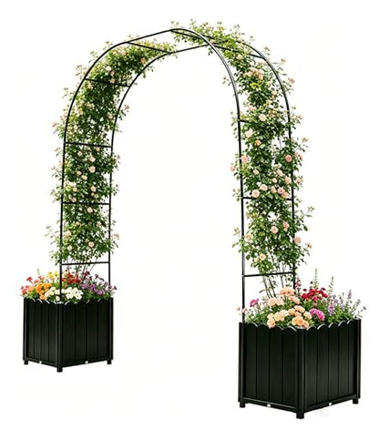 Raised Garden Bed with 3-in-1 Arch Trellis, & Black Plastic Planters