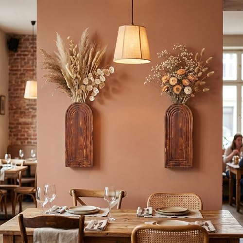 2 Pack Wooden Wall Vase Set, YOPIKUU Brown Boho Hanging Wall Planter Vase
