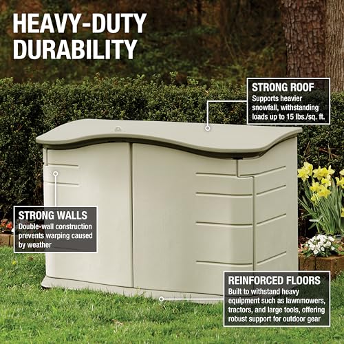 Rubbermaid Small Horizontal Resin Outdoor Storage Shed With Floor (4.5 x 3 Ft) Weather Resistant, Beige/Brown, Organization for Home/Backyard/Pool Chemicals/Toys/Garden Tools/Porch/Patio Cushions - style: Small Horizontal Shed