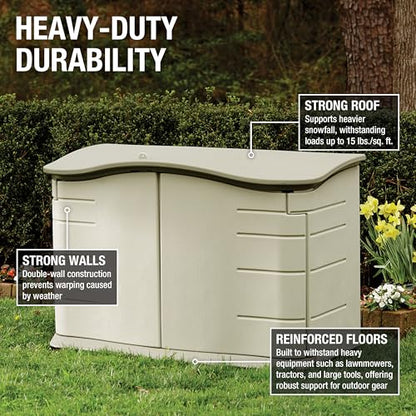 Rubbermaid Small Horizontal Resin Outdoor Storage Shed With Floor (4.5 x 3 Ft) Weather Resistant, Beige/Brown, Organization for Home/Backyard/Pool Chemicals/Toys/Garden Tools/Porch/Patio Cushions - style: Small Horizontal Shed