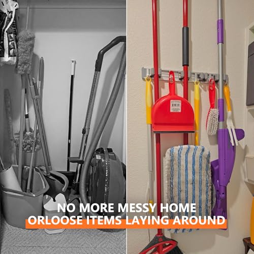 reliahom Broom Holder Wall Mount Mop Hanger Tools organizer 5Racks4Hooks,2P - color: Silver