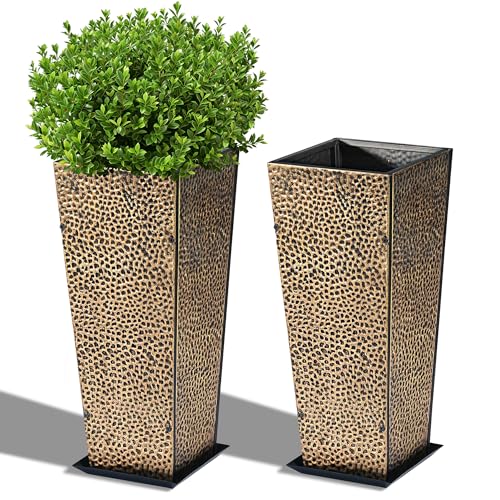 BAYN 2-Pack 24" Tall Metal Planter – Hand-Hammered Textured Large Copper Flower Pots Box with Saucer for Outdoor&Indoor, Garden, Porch, Patio, Yard with Pre-Drilled Drainage Holes - color: Copper