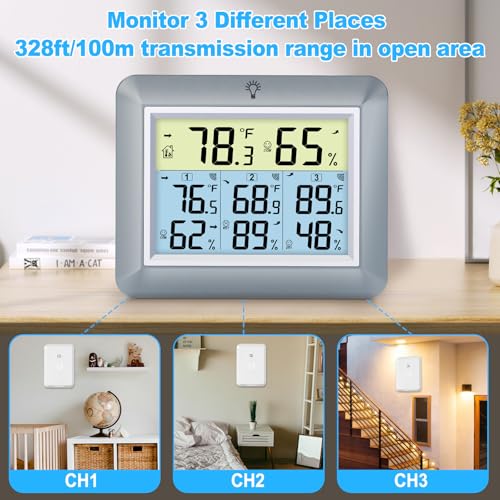 Urageuxy Wireless Indoor Outdoor Thermometer with 3 Sensors - color: Grey