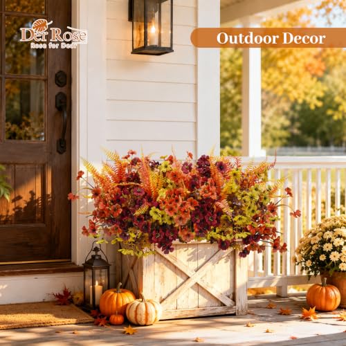Der Rose 24Pcs Artificial Fall Flowers for Outdoors, Fake Mums and Ferns