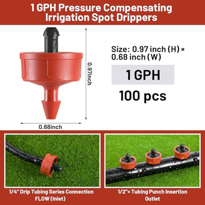 100pcs 1 GPH Pressure Compensating Drippers for Drip Irrigation - size: 1 GPH 100PCS