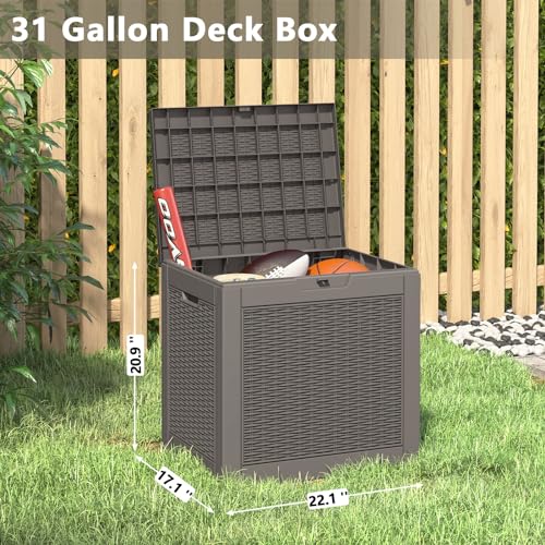 LHBGO 31 Gallon Deck Box, Resin Outdoor Storage Box, Waterproof and UV Resistant Deck Box, Lightweight Storage Box for Garden Tools, Pool Supplies