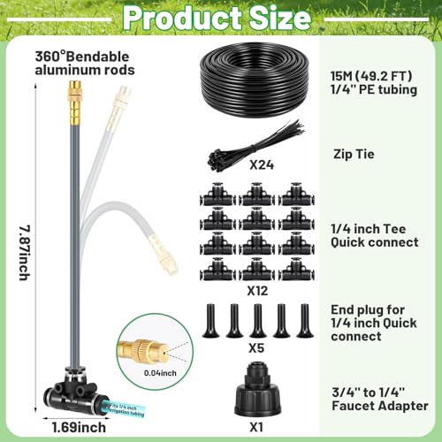 49.2Ft 1/4" Drip Irrigation System 360° Watering Misting System - size: 49.2FT 1/4" Tubing