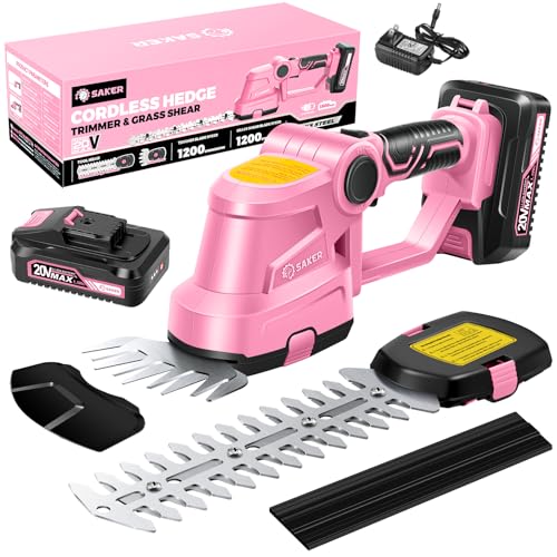 Saker Cordless Hedge Trimmer-20V Electric Shrub Trimmer Grass Shears Handheld Grass Cutter, Hedge Shear with 1 PCS Rechargeable Battery and Charger for Garden, Lawn(Pink) - color: PINK HEDGE TRIMMER+1 BATTERY