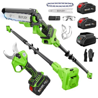 BUYJOY 4-in-1 Electric Pruning Shears & 6 Inch Pole Saw Combo - color: Green