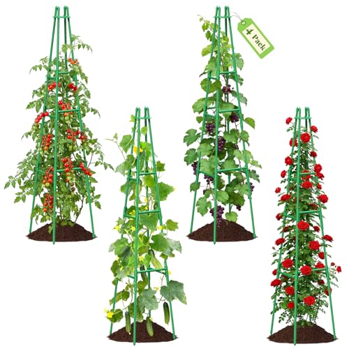 4 Pack 64" Tall Adjustable Obelisk Garden Trellis for Climbing Plants, Rust-Proof Pe Coated Metal Plant Trellis Support for Raised Beds, Potted Vines, Cucumbers, Tomatoes, Indoor Outdoor Use (4 Pack) - style: 4 PACK
