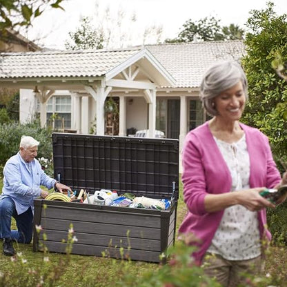 Keter Outdoor Storage Deck Box, for Patio, Backyard & Garden, Brushwood, 120 Gal, Brown - Lockable, Organizing, and Waterproof Plastic Container Bench